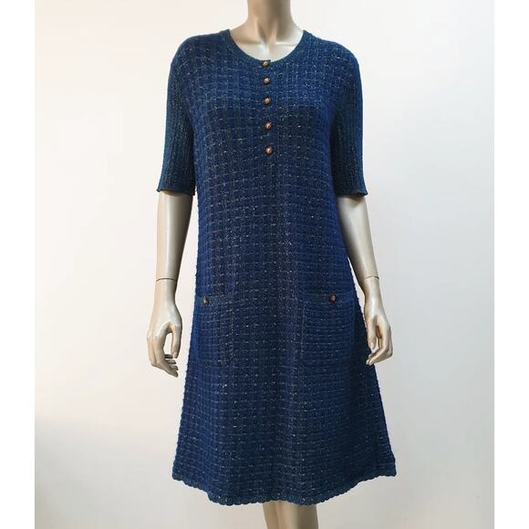 CHANEL Blue Viscose 2017 17A COSMOPOLITE Lerex Tweed Dress Sz.44 - Picture 1 of 10